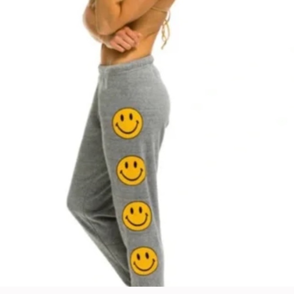 Aviator Nation Gray Joggers with Yellow Smiley Face Patches